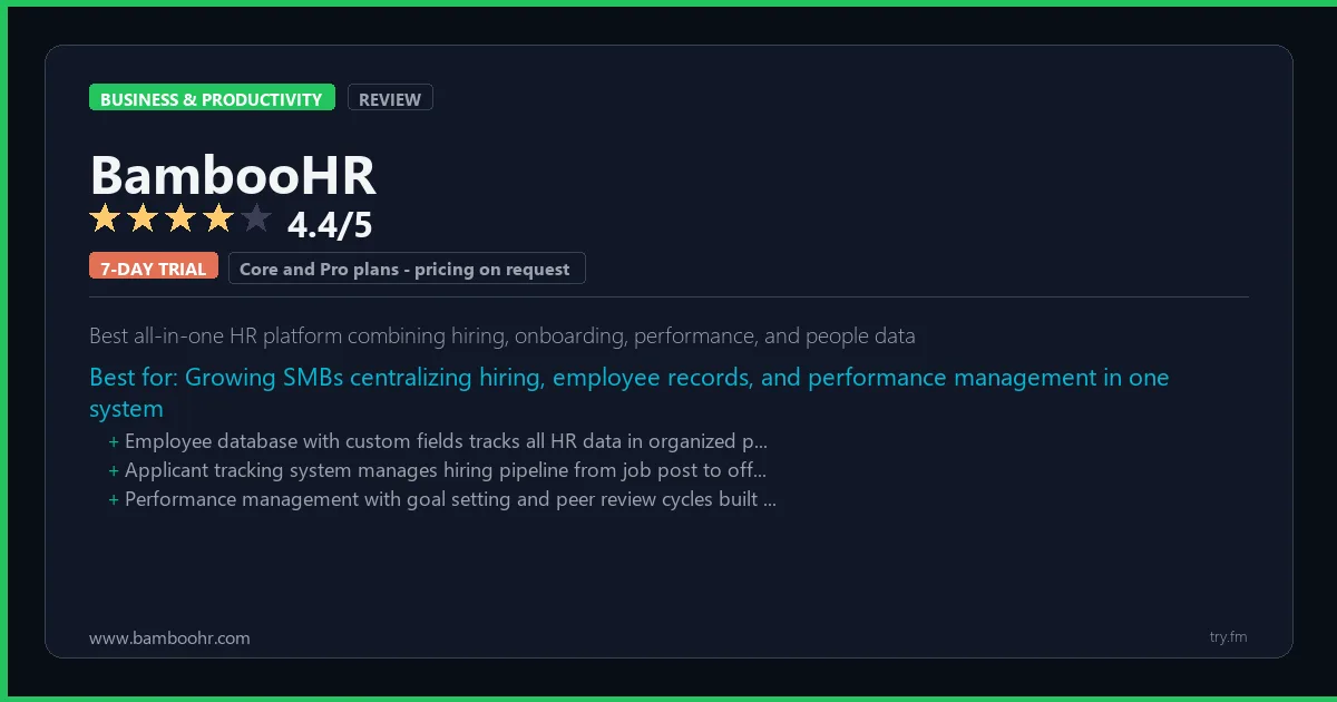BambooHR review - 4.4/5 rating - Best all-in-one HR platform combining hiring, onboarding, performance, and people data