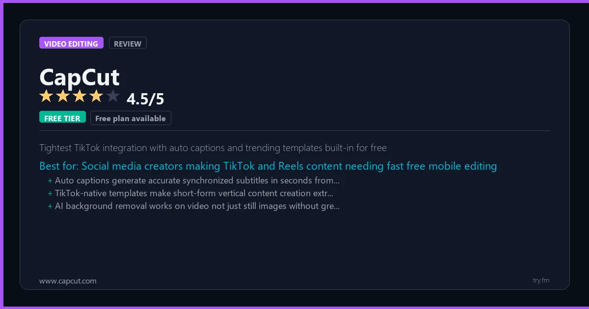 CapCut review - 4.5/5 rating - Tightest TikTok integration with auto captions and trending templates built-in for free