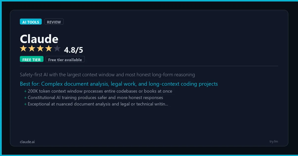 Claude review - 4.8/5 rating - Safety-first AI with the largest context window and most honest long-form reasoning