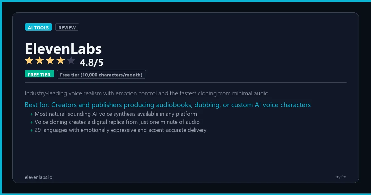 ElevenLabs review - 4.8/5 rating - Industry-leading voice realism with emotion control and the fastest cloning from minimal audio