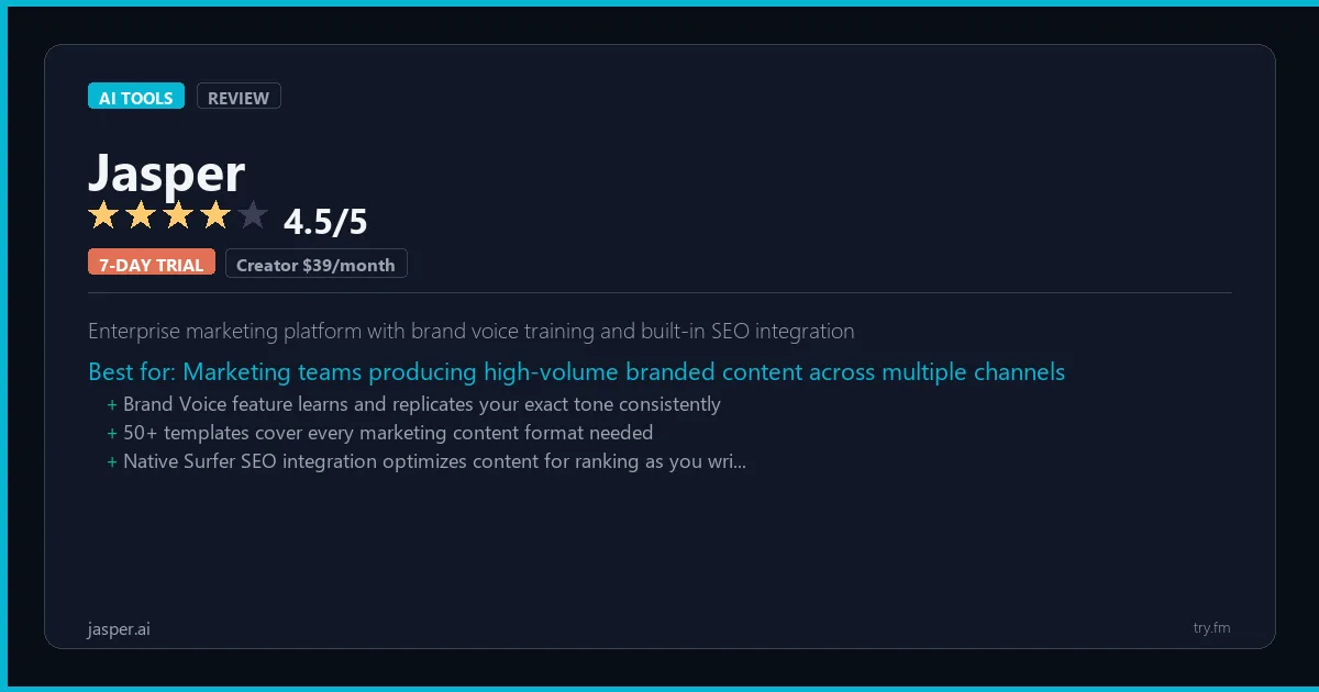 Jasper review - 4.5/5 rating - Enterprise marketing platform with brand voice training and built-in SEO integration