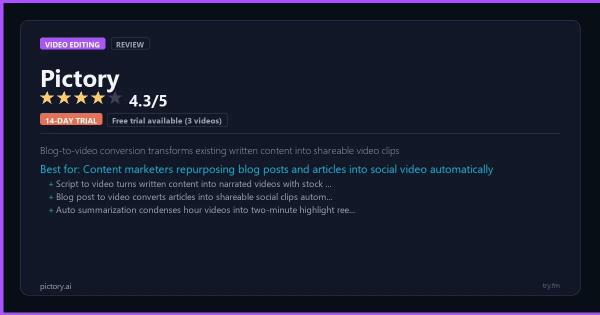 Pictory review - 4.3/5 rating - Blog-to-video conversion transforms existing written content into shareable video clips