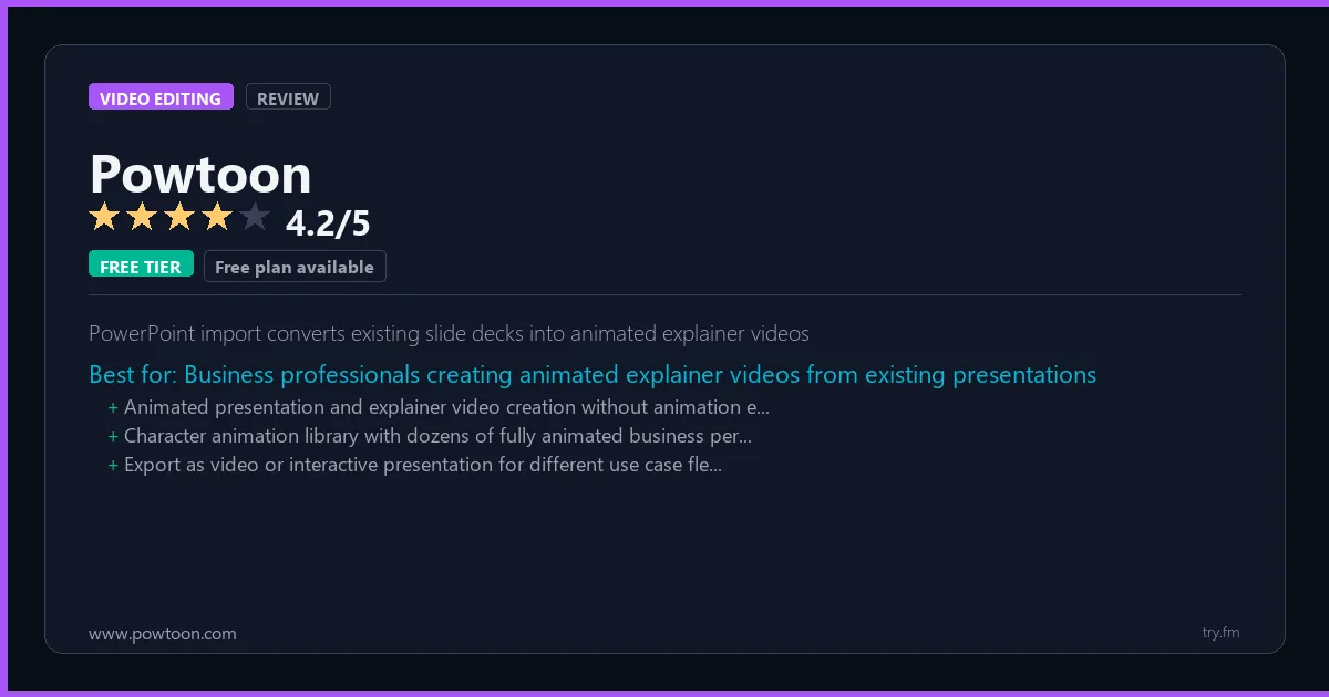 Powtoon review - 4.2/5 rating - PowerPoint import converts existing slide decks into animated explainer videos