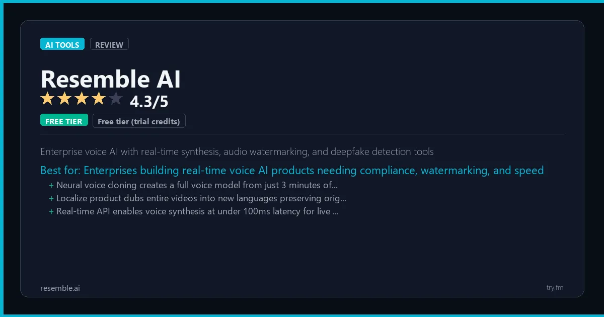 Resemble AI review - 4.3/5 rating - Enterprise voice AI with real-time synthesis, audio watermarking, and deepfake detection tools