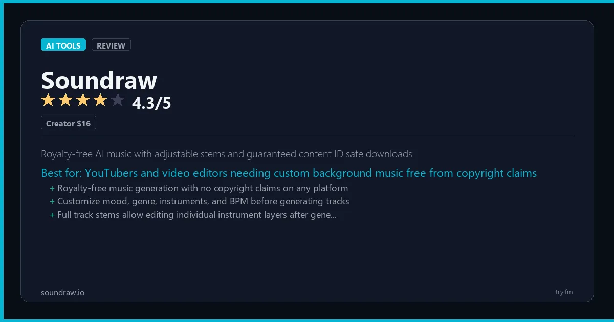 Soundraw review - 4.3/5 rating - Royalty-free AI music with adjustable stems and guaranteed content ID safe downloads