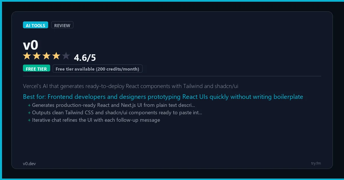 v0 review - 4.6/5 rating - Vercel's AI that generates ready-to-deploy React components with Tailwind and shadcn/ui